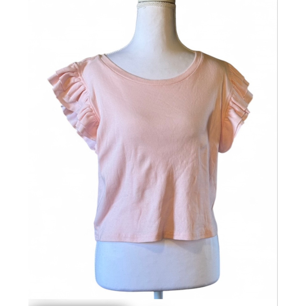 Cotton Emporium Pink Ribbed Flutter Sleeve Crop Top XL NWT